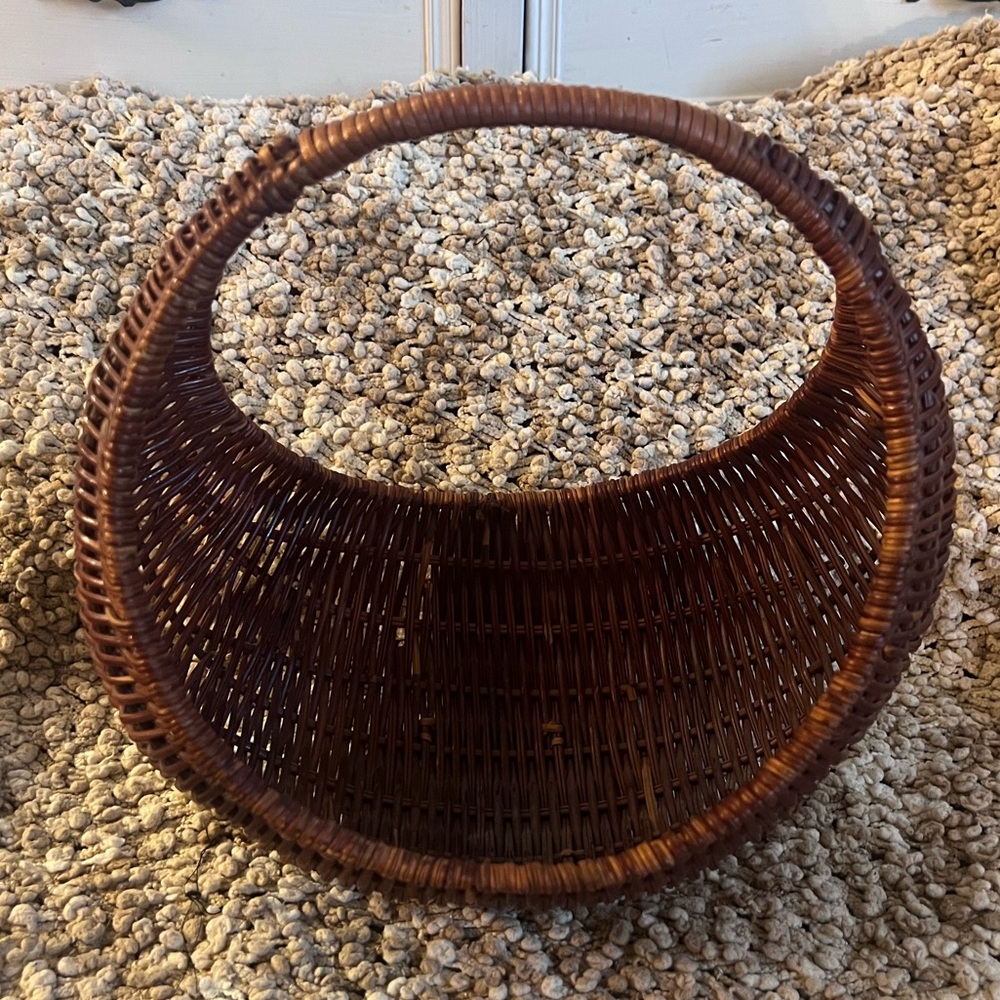 Vintage woven wicker basket, "gondola" or "crescent" shaped gathering basket.